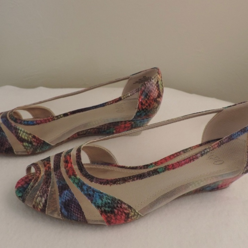 Colorful rainbow snakeskin wedge heels